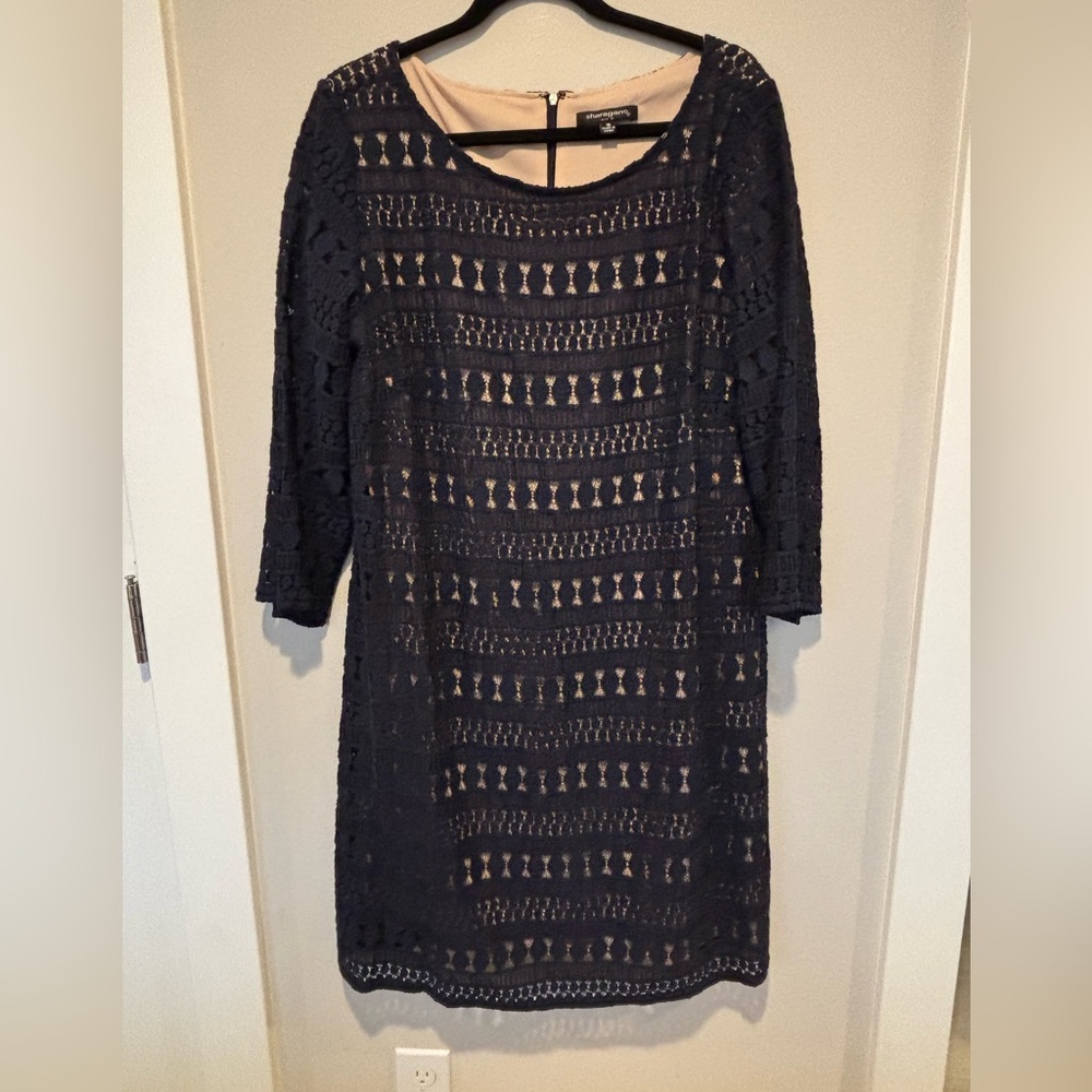 Sharagano Dark Blue Lace Long Sleeve Dress - 16 040 Sale